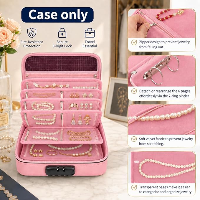 Fireproof Travel Jewelry Organizer Case with Lock & 6 Binder Pages | Silicone-Coated Fiberglass, Tangle-Reducing Layout Clear Storage Book for Necklaces Earrings Rings Bracelets-Bag Only Pink - Image 3