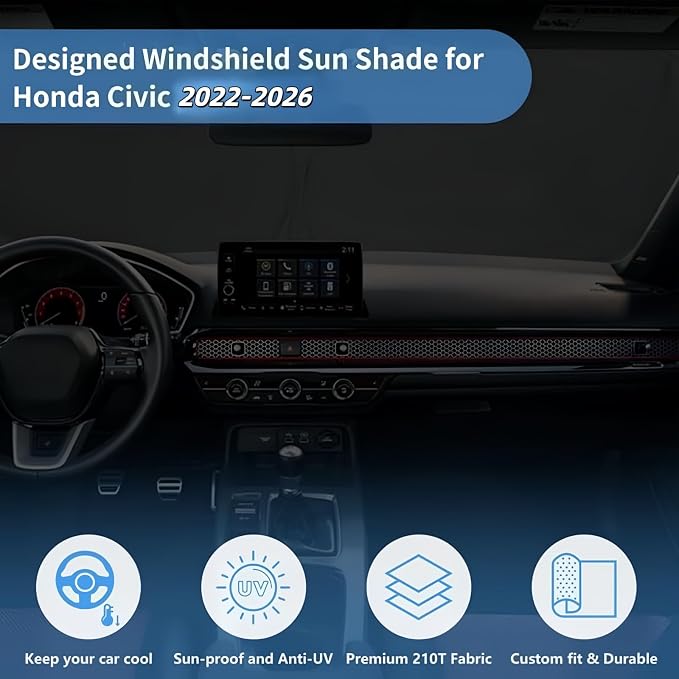 Windshield Sun Shade Car Sunshade Accessories for Honda Civic 2022-2026 | HOHUIGO Front Window Shade Sun for Honda Visor Sunshade Windshield Foldable Heat shield Cover Sun Visor UV Protector - Image 4