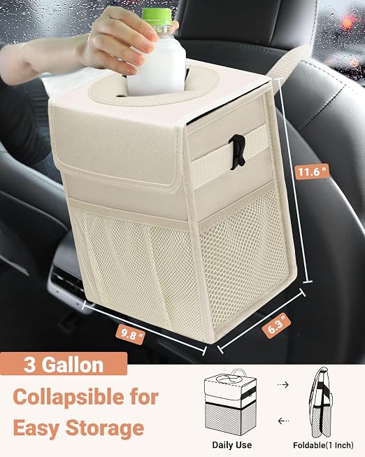 Capolo Car Trash Can with Lid, Leakproof Car Garbage Can Car Trash Bag | Waterproof, Trash Can for Car, 3 Mesh Pockets, Mini Hanging Vehicle Car Trash Bin, for Back/Front Seat (Beige,3 Gal) - Image 2