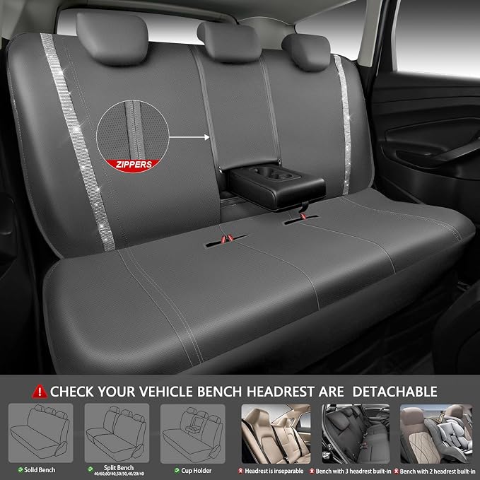 CAR PASS Bling Car Seat Covers Full Set, Shining Glitter Rhinestone Diamond Waterproof Faux Leather Interior Sets Universal Fit Automotive Glitter Crystal Sparkle Strips for Cute Women Girl, Gray - Image 5