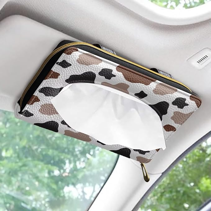 Biyejit 2 Pack Car Tissue Dispenser, Brown Black Cow PU Leather, Durable Sun Visor Napkin Holder, Car Backseat Tissue Case - Image 2