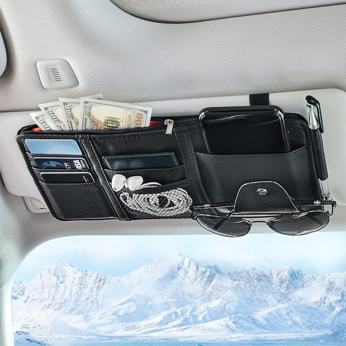 Keedolla Car Sun Visor Organizer, Auto Interior Accessories Pocket Organizer Visor Storage Pouch Sunglasses Holder with Zipper Pocket for Truck, SUV - Black by Keedolla