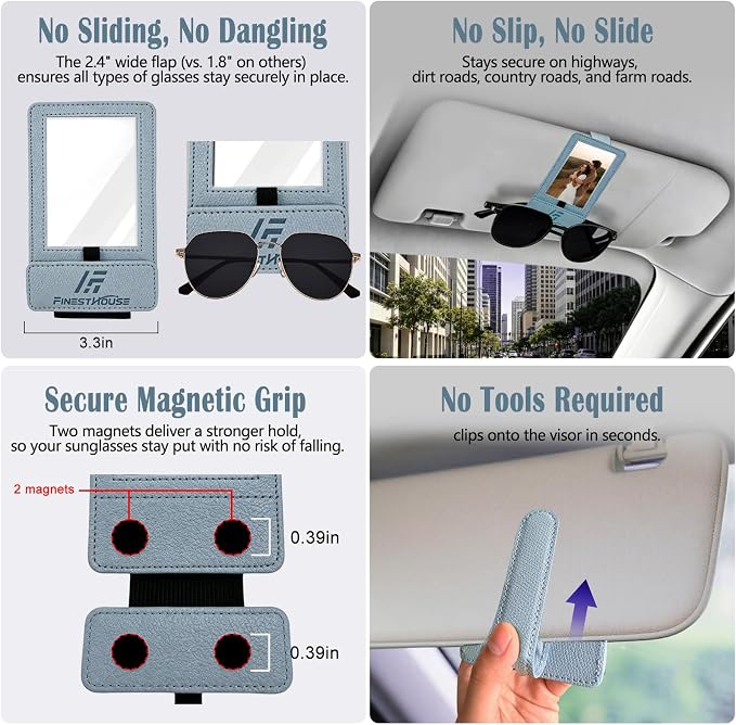 Magnetic 2-in-1 Sunglass & Photo Holder for Car Visor, Leather Anti-Slip No-Fall No-Slide, Fits SUV Truck RV - Image 7