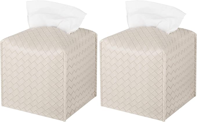 Tissue Box Cover PU Leather Tissue Holder Square Facial Tissue Case Facial Paper Organizer Dispenser for Bathroom, Vanity Countertop, Tabletop, Car, Griege (Pack of 2) by zoocatia