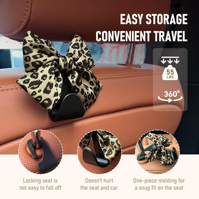 Bow Car Hooks for Purses and Bags, 2 Pack Cute Car Purse Hook, Universal Car Seat Headrest Hooks Bag Holder, Bow Car Accessories, Automotive Purse Hook Hanger Interior Decoration Accessories (Leopard) - Image 2