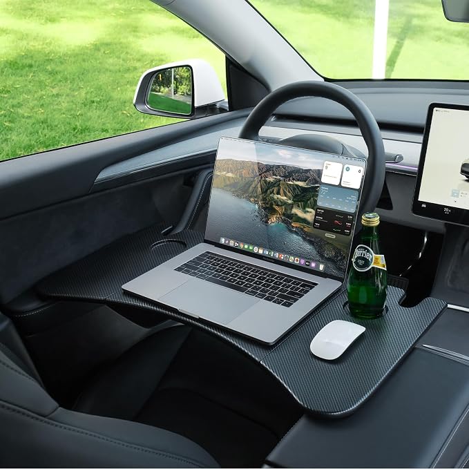 YONZEE Foldable Desk Food Tray (Carbon Edition) for Tesla Model Y Model 3 S X Y Juniper Accessories- Upgraded Table with Support Leg for Dining, in-Car Work, Travel and Outdoor (1 Pack) by YONZEE