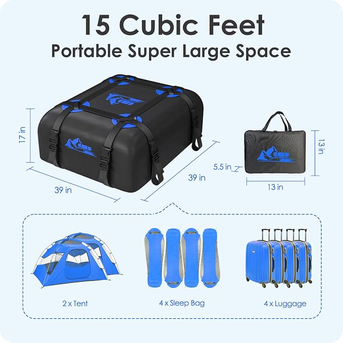 Car Rooftop Cargo Carrier Bag 15-20 Cubic Feet(15Cu.Ft-Blue) - Image 6