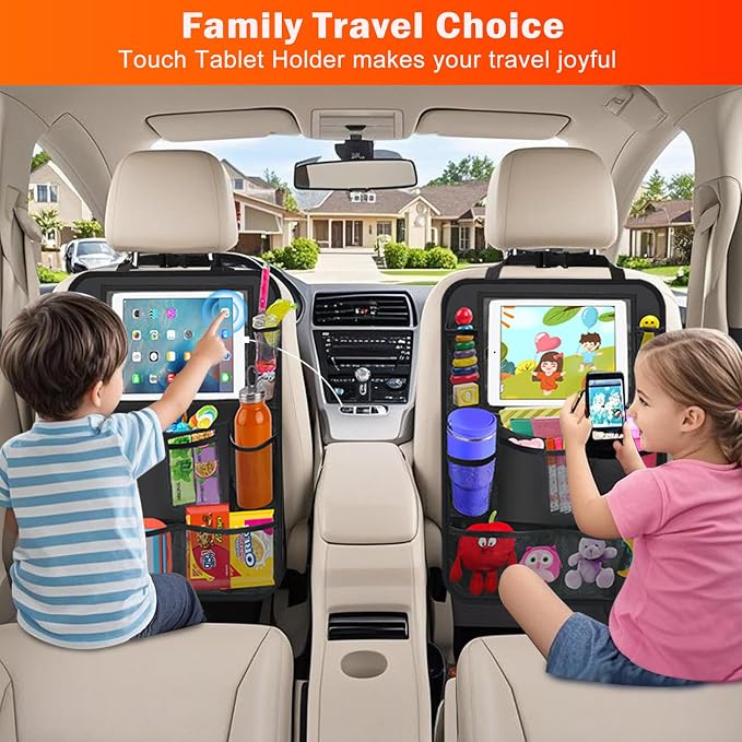 Car Backseat Organizer ，2 Pack Car Organizer Back Seat with 11" Tablet Holder, 10 Storage Pockets Seat Back Protectors Kick Mats for Kids Toddlers, Travel Accessories (Black) - Image 5