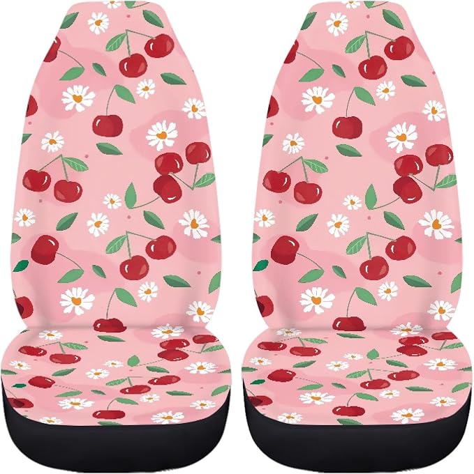 Pink Cherry Print Universal Fit Front Car Seat Cover for Women Girls Stain Resistant Car Seat Covers Bucket Seat Protector Prefect for Automotive, Van, Truck, SUV Cute Daisy Fruit Pattern - Image 5