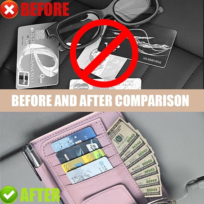 Augeny 2 PCS Car Sun Visor Organizer, Small Auto Visor Organizer and Storage, Registration and Document Holder for Sunglasses, Card, Pen, Driver License, Car Accessories (Pink) - Image 5