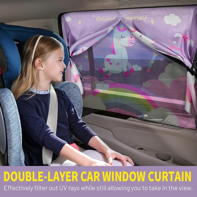 Car Window Shades, 2 PCS Magnetic Double Layer Car Sun Shade for Side Windows Privacy Full Covers/Half Shade Options Unicorn Patterns Car Window Curtains for Baby Protection - Image 3