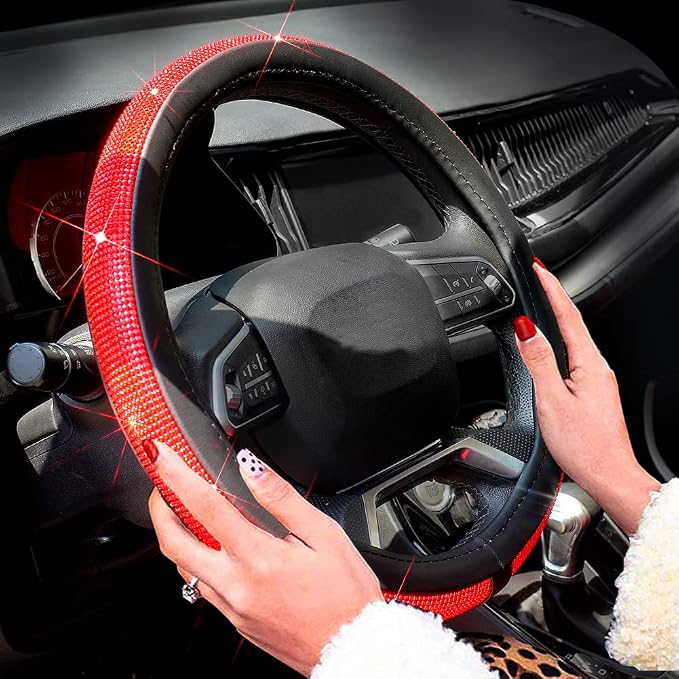 ChuLian New Diamond Leather Steering Wheel Cover with Bling Crystal | Universal Fit 15 Inch Car Wheel Protector for Women Girls with Bling Rhinestones Red Diamond - Image 3