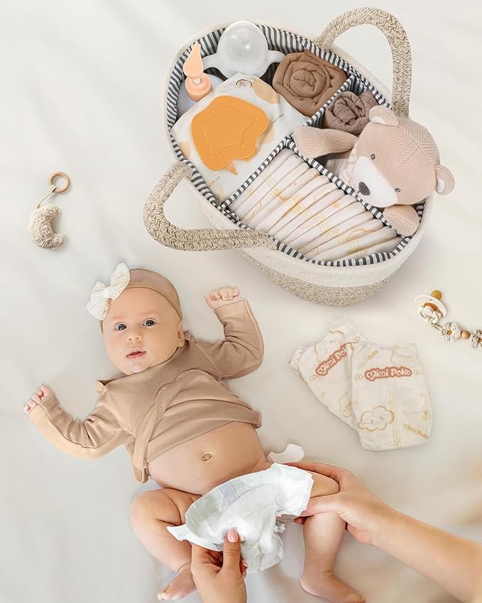 Maliton Diaper Caddy Organizer for Baby, Cotton Rope Baby Gift Basket, Portable Diaper Organizer for changing table, Nursery Storage Organizer, Shower Gifts for Newborn,baby essentials | 100% Cotton Rope Baby Caddy, Soft Yet Structured, Nursery, Car & ... - Image 6