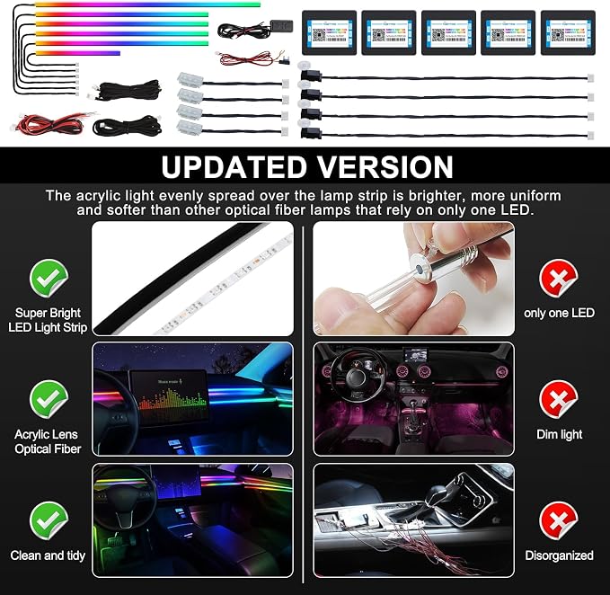 Dreamcolor Acrylic Interior Car LED Strip Light with Wireless APP, RGB 14 in 1 with 175 inches 600 LEDs Fiber Optic Car Ambient Lighting Kits, Dual Zone Sound Active Function LED Strip for Car - Image 5