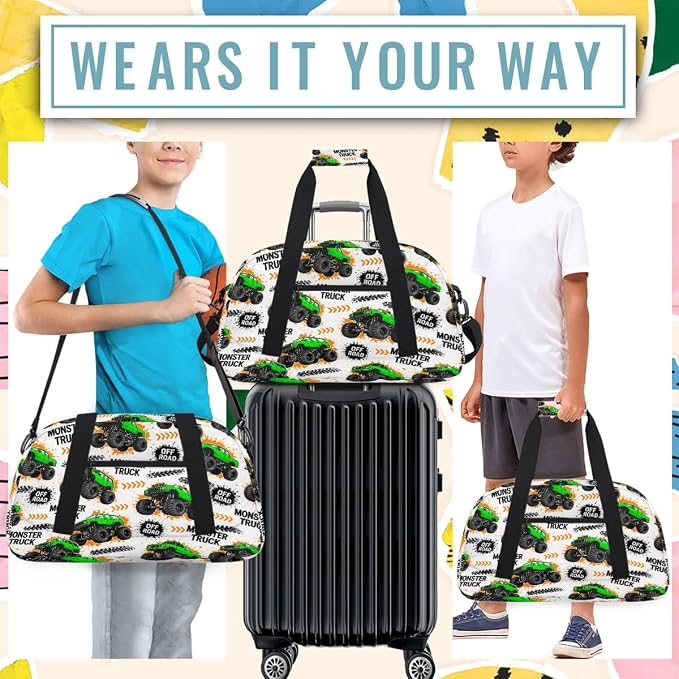 Gym Travel Duffle Bag for Boys - Kids Overnighter Weekend Bag with Front Zipper Pocket for School Practice, Green Monster Car Trucks Teens Carry-On Size Sleepover Bags - Image 4