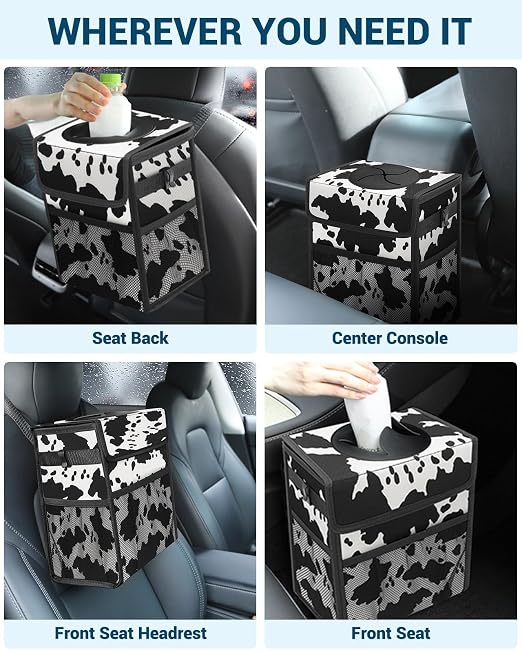 Capolo Car Trash Can with Lid, Leakproof Car Garbage Can Car Trash Bag | Waterproof, Trash Can for Car, 3 Mesh Pockets, Mini Hanging Vehicle Car Trash Bin, for Back/Front Seat (Cow Print,3 Gal) - Image 6
