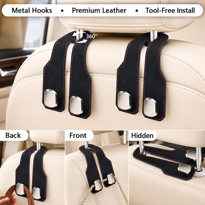 2 Pack Car Headrest Hooks, Dual Metal Hooks, Stylish Black | Premium leather with dual metal hooks and anti-drop design. Holds purses, bags, coats, and groceries securely. - Image 3