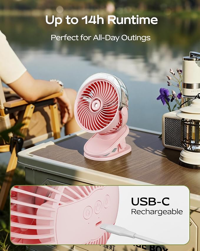 SWEETFULL Portable Misting Clip On Fan, USB-C Rechargeable Mini Personal Cooling Fan with 4 Speeds, 360° Rotatable, Quiet Cooling for Outdoor, Camping, Golf Cart, Travel, Stroller & Desk (Pink) - Image 7