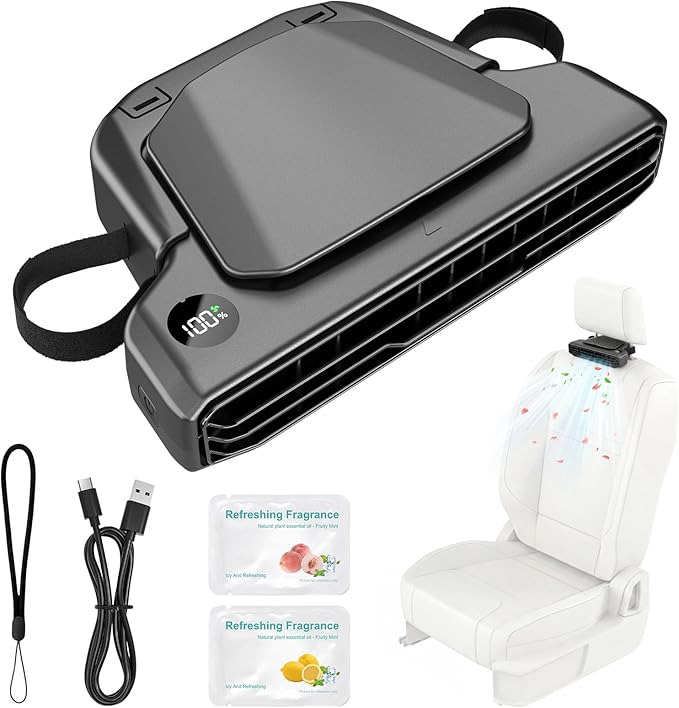 Rechargeable Car Seatback Fan with Aromatherapy, 5-Speed LED Display | Detachable portable design with hidden stand, safe cooling for kids, fits headrest posts spaced 4.7–7.4 inch by professionalresponsible