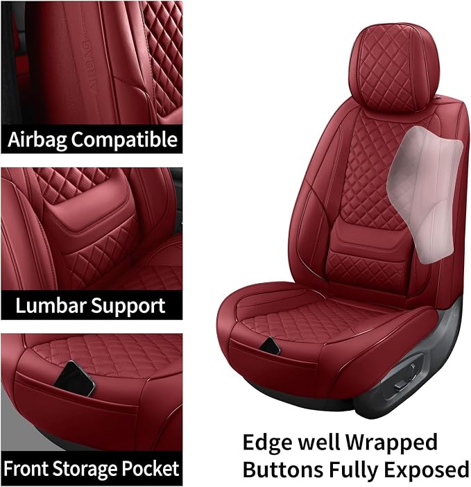 Leather Front Car Seat Covers Automotive Seat Protectors | Breathable Waterproof Durable Full Surround & Lumbar Support Design Non-Slip Universal Fit for Most Cars SUVs Trucks Vans Red - Image 4