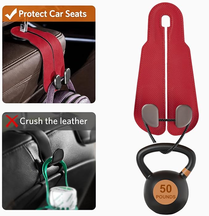 CoBak Purse Hook for Car - Universal Premium Stitched Leather and Aluminum-Magnesium Alloy Double Car Seat Back Storage Hook for Purses, Handbags, Bags (2 Pack),Carbon Red - Image 5