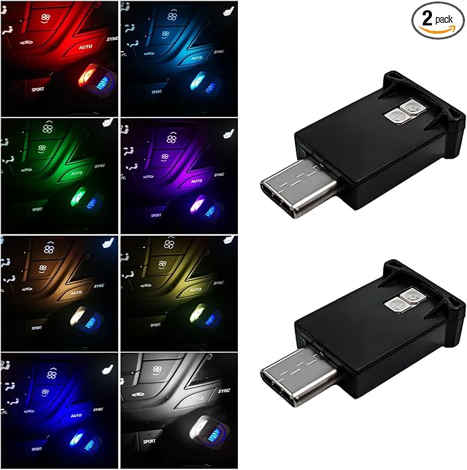 DXNQ 2PCS USB Type C LED Ambient Light, 8 Colors RGB Dynamic Atmosphere Lamp Car Interior Decor USB Night Light, Adjustable Bright Plug-in Mini Ambient Lighting Kit for Car Laptop by DXNQ