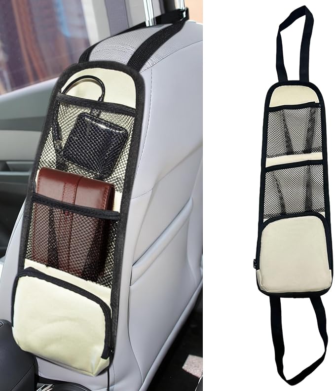 Car Seat Side Organizer, Seat Side Storage Pocket, Multifunctional Mesh Net Pocket, Car Multi-Pockets Backseat Organizer Side Hanging Bag for Storage Coins, Cell Phones, Glasses (Beige, 1PCS) by Unknown