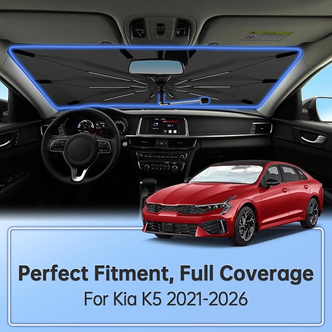 Windshield Sun Shade Umbrella for Kia K5 2021-2026 Front Window | Foldable Car Sunshade, Highly Reflective Auto Sun Shield Visor for UV Protection, Keep Car Cool Accessories - Image 2