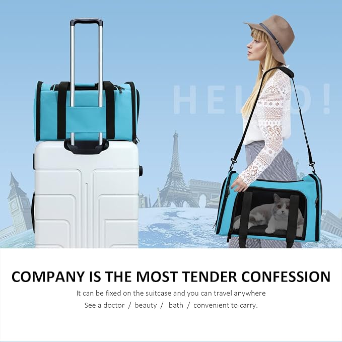 Henkelion Pet Carrier for Small Medium Cats Puppies up to 15 Lbs, Airline Approved Small Dog Travel Puppy Carrier Soft Sided, Collapsible - Blue - Image 6