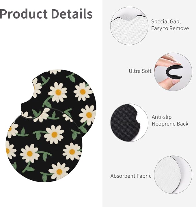 Daisy Flower Steering Wheel Cover 15 Inch + 2Pc Cute car Coasters Set | Anti-Slip Breathable Universal Car Wheel Cover Soft Comfort Grip Accessories for Women Men - Image 7