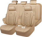 CAR PASS 3D Foam Faux Leather Seat Covers Full Set,Waterproof Tan Leather Seat Cover for Cars,Luxury Universal Fit Anti-Slip for SUV Truck Sedan Automotive,Armrest Airbag Compatible,All Beige by CARPASS