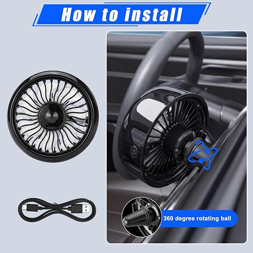 Glooglitter 2 Pcs Car Fan USB for Rear Seat Passenger Portable Headrest 360 Degree Rotatable 3 Speed 12v/ 24v Automobile Ventilation Fan with Clip for SUV Backseat, RV, Vehicles(Creative,Black) - Image 3