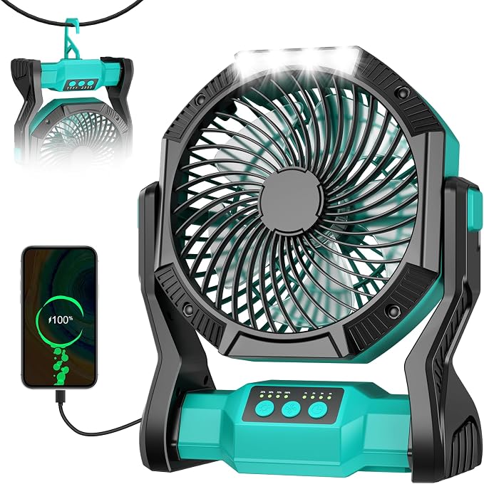 Portable Rechargeable Fan, 20000mAh Battery Powered Camping Fan with LED Light & Hook, 270° Adjustable, 4-Speed, 4H Timer Camping Essentials for Outdoor Tent Travel BBQ Car_Blue - Image 9