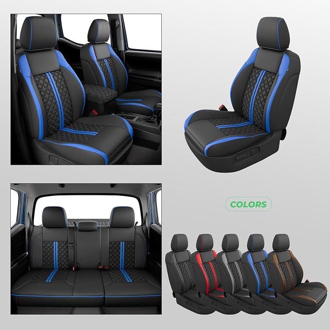 RIDEPOSH Custom Leather Seat Covers for Toyota Tacoma Double Cab 2016-2023 | full set, BKblue, OEM fit, premium waterproof leather, anti-slip, extra pockets, long-term durability, airbag compatible - Image 9