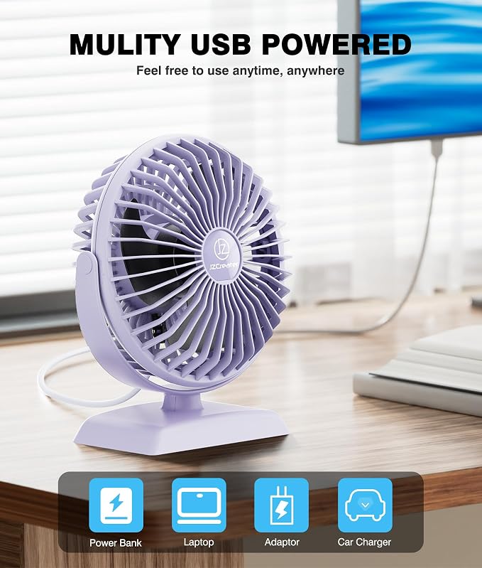 JZCreater USB Desk Fan, USB Fan Mini, 360 Rotation Desktop Fan with 3 Speed, Table Personal Cooling Fan, Quiet Mini Desk Fan, USB Powered, Small Fan for Home Office Bedroom Car Travel, Purple - Image 5