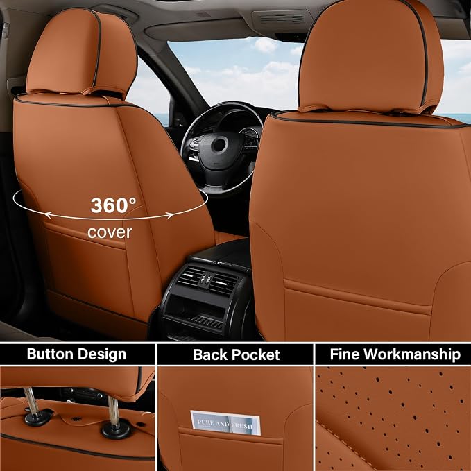 Coverado Car Seat Covers Full Set, Nappa Leather Seat Covers for Car, Waterproof Car Seat Protector with Lumbar Support, Automotive Seat Covers Universal Fit for Most Cars SUV Trucks (Brown-Black) - Image 3