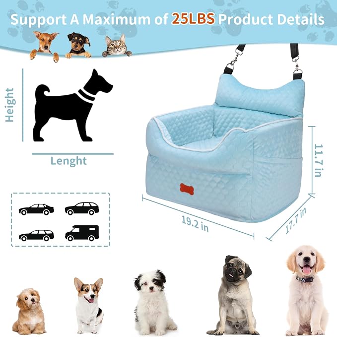 Dog Car Seat for Small Dogs Up to 25 lbs with 6-Inch Memory Foam Cushion | Elevated Booster Seat with Safety Belts, Storage Pockets and Removable Washable Cover for Front or Back Seats, Blue - Image 3