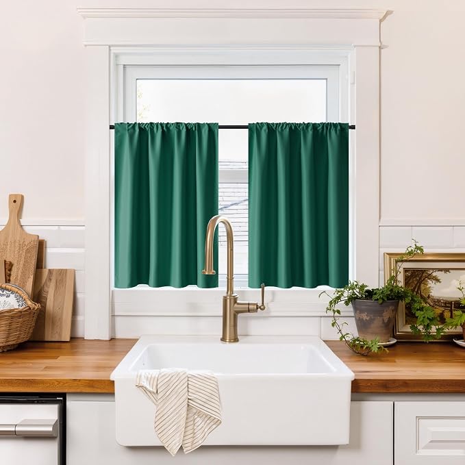 RYB HOME 100% Blackout Bathroom Curtains Over Sink 24 inches Long | Heat UV Blocking, Total Room Darkening, Noise Reducing, Curtains for Basement RV Campers, W42 x L24, Dark Green, 2 Panels by RYBHOME