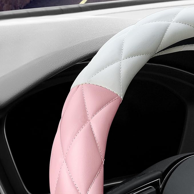YHONGJT Cute Soft Microfiber Leather Anti-Slip Steering Wheel Cover, Universal 15 Inch for Women Girls, Fit Vehicles, Sedans, SUVs, Vans, Trucks - Light Pink and White - Image 4