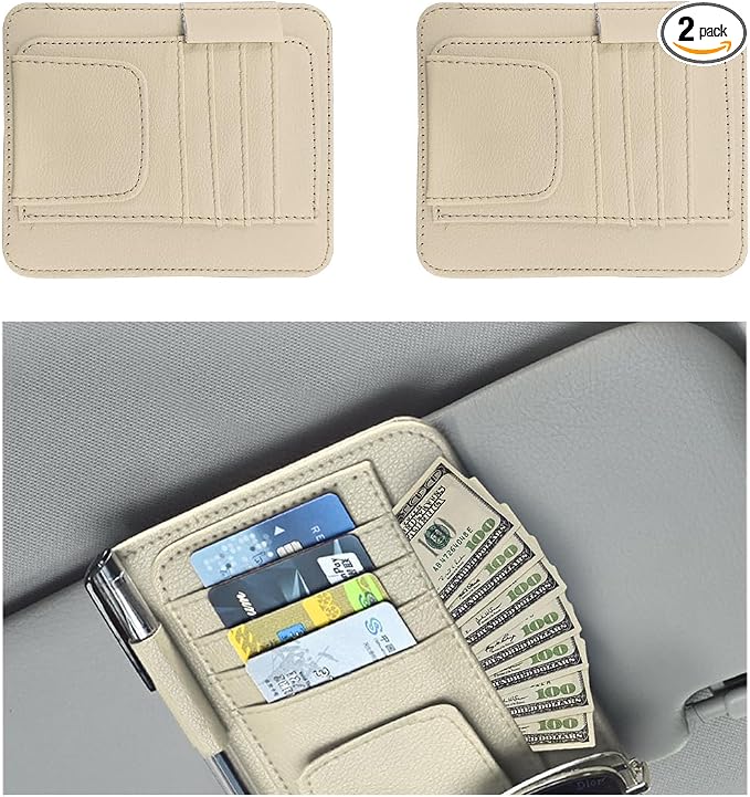Augeny 2 PCS Car Sun Visor Organizer, Small Auto Visor Organizer and Storage, Registration and Document Holder for Sunglasses, Card, Pen, Driver License, Car Accessories (Beige) by Augeny
