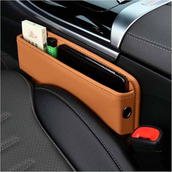 Ziciner Car Seat Gap Organizer, Premium Leather Auto Seat Storage Box, Vehicle Adjustable Front Seat Gap Filler, Car Seat Side Pocket Organizer for Phones, Glasses, Keys, Money, Cards (Khaki) by Ziciner
