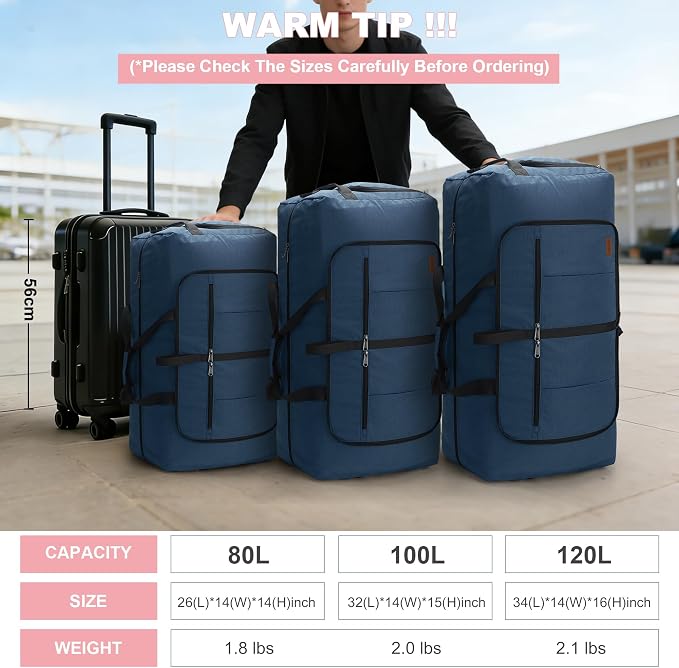 80L EXTRA LARGE Duffle Bag for Travel, 26" Foldable Travel Duffel Bag with Shoe Compartment for Men Women, Waterproof & Tear Resistant (Dark Blue, EXTRA LARGE, 80L) - Image 8
