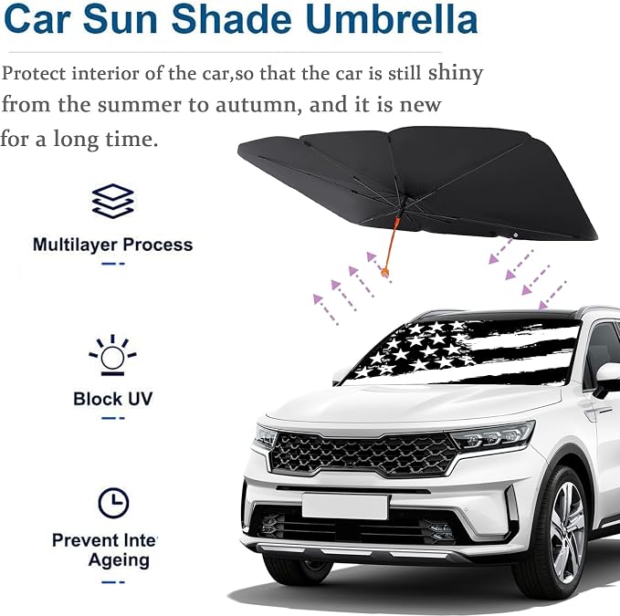 Socira American Flag Car Windshield Sunshade Umbrella Foldable Black | Umbrella Sun Shade Cover Patriotic Sunshade Front Window Cover Interior Blocks Uv Rays Keeps Cool (57" X 30") - Image 4