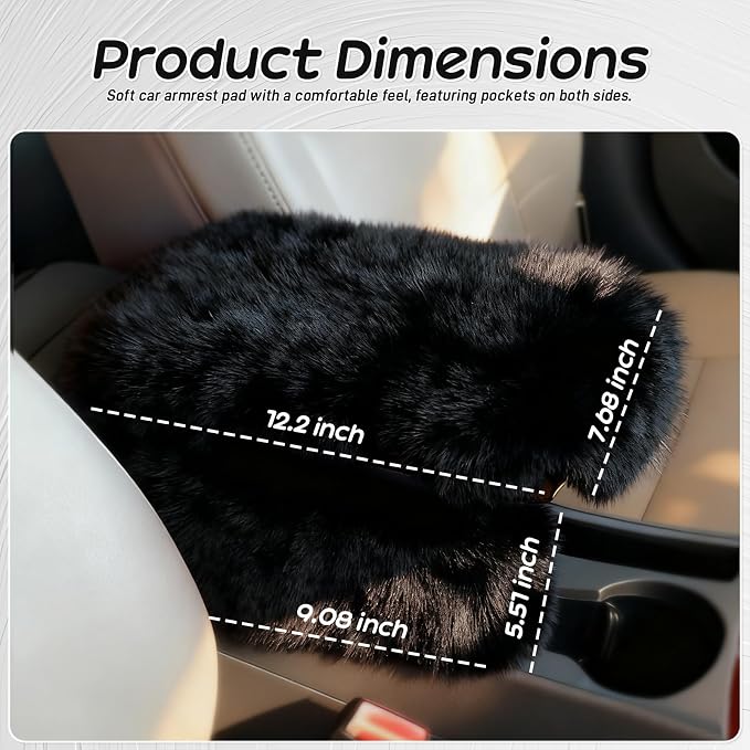 Fluffy Car Armrest Cover with Side Pockets – Plush Fuzzy Fur Center Console Armrest Cushion Pad, Universal Winter Car Interior Protector, Soft Arm Rest Cover with Storage for Women & Men (BLACK) - Image 2