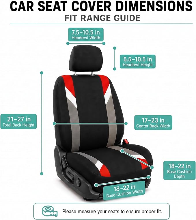 FH Group Front Set Cloth Car Seat Covers for Low Back Car Seats with Removable Headrest, Universal Fit, Airbag Compatible, Seat Cover for SUV, Sedan, Van, Red - Image 8