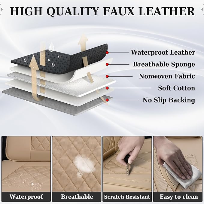 Coverado Front Seat Covers, Luxury Faux Leather Waterproof Seat Cover, Beige Car Seat Protector, Car Seat Cover Front Seats, Automotive Seat Covers Universal Fit for Most Cars (Front, Beige) - Image 5