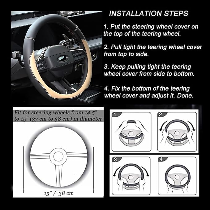 Microfiber Leather Steering Wheel Cover Universal 15 inch (Beige) - Image 6