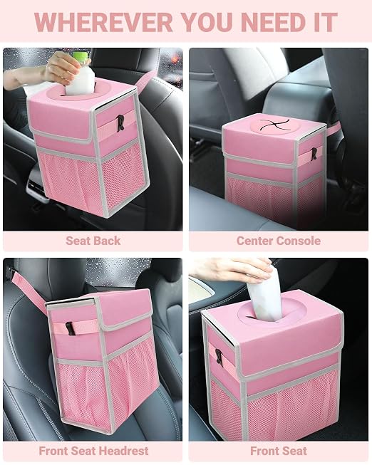 Capolo Car Trash Can with Lid, Leakproof Car Garbage Can Car Trash Bag | Waterproof, Trash Can for Car, 3 Mesh Pockets, Mini Hanging Vehicle Car Trash Bin, for Back/Front Seat (Pink,3 Gal) - Image 6