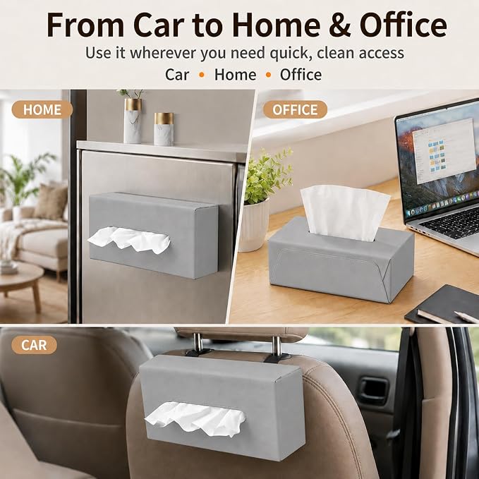 Car Tissue Holder with Magnetic & Strap Mount, Gray, 1 Pack | PU Faux Leather, For Sun Visor, Seat Back, Console, Refrigerator, Fits Standard Tissue Packs - Image 4
