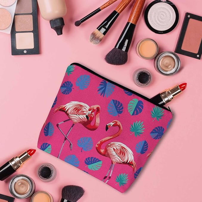 Flamingo Makeup Bag For Women, Adorable Cosmetic Pouch With Tropical Leaves Palms Pattern, Pink Zipper Travel Toiletry Organizer For Gym and Bathroom - Image 3